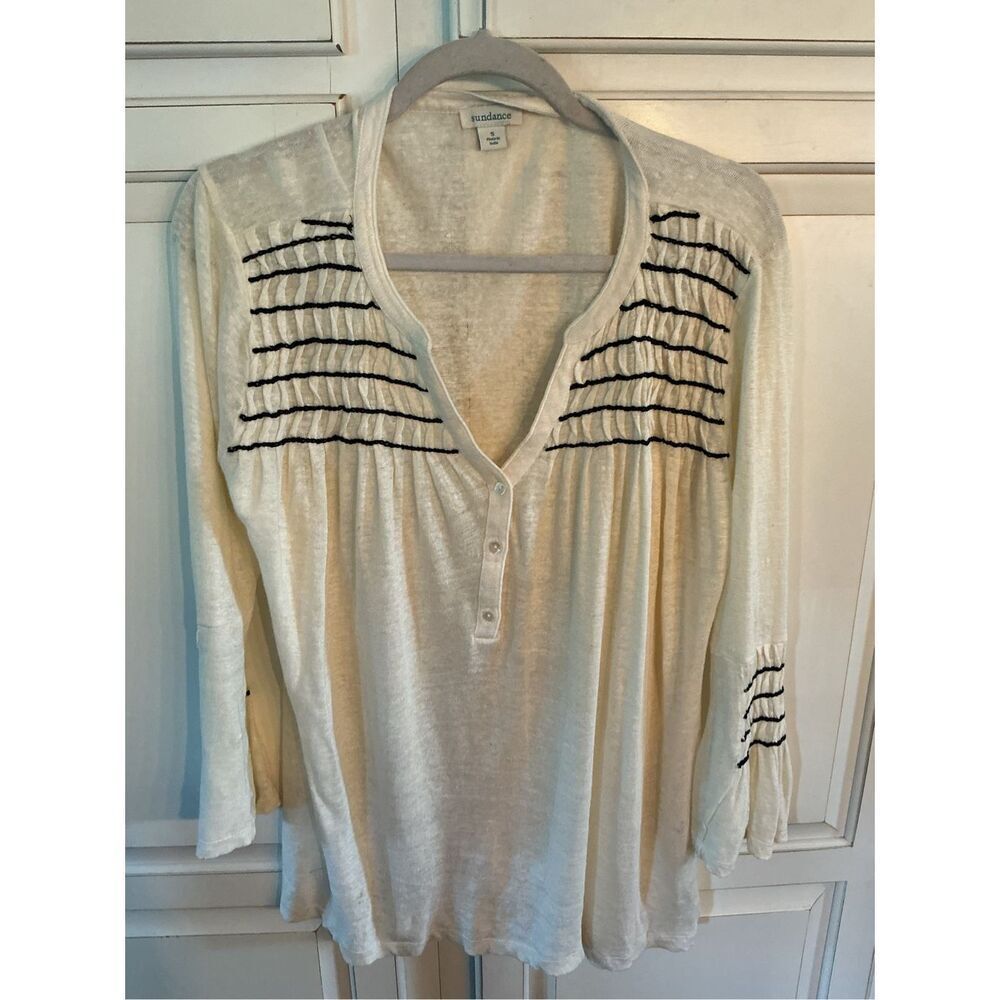 Sundance Womens Boho 100 Linen Flowy Top Oversized Sz S Embroided